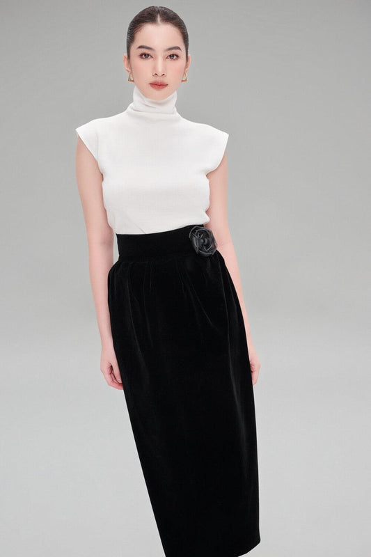 Sutton Pencil High Waist Velvet Midi Skirt MEAN BLVD