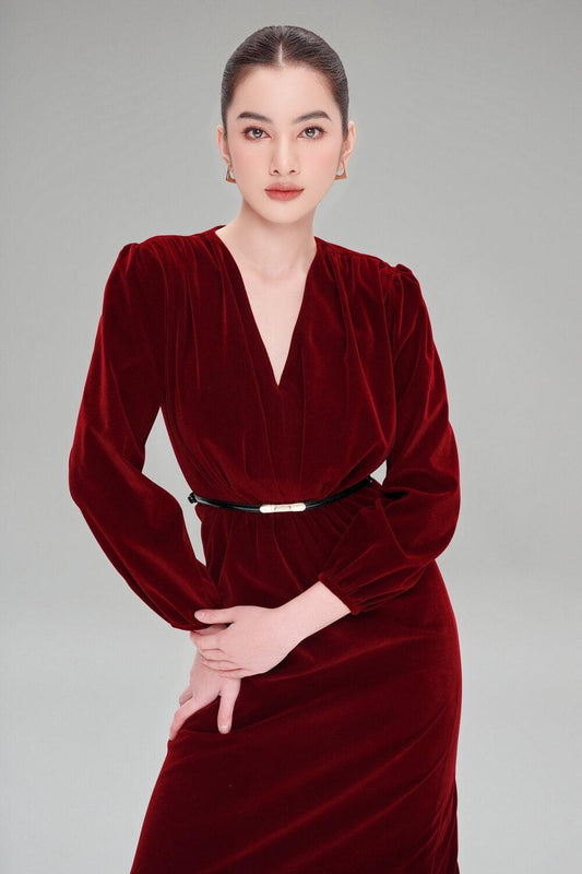 Teagan Straight V-Neck Velvet Midi Dress MEAN BLVD