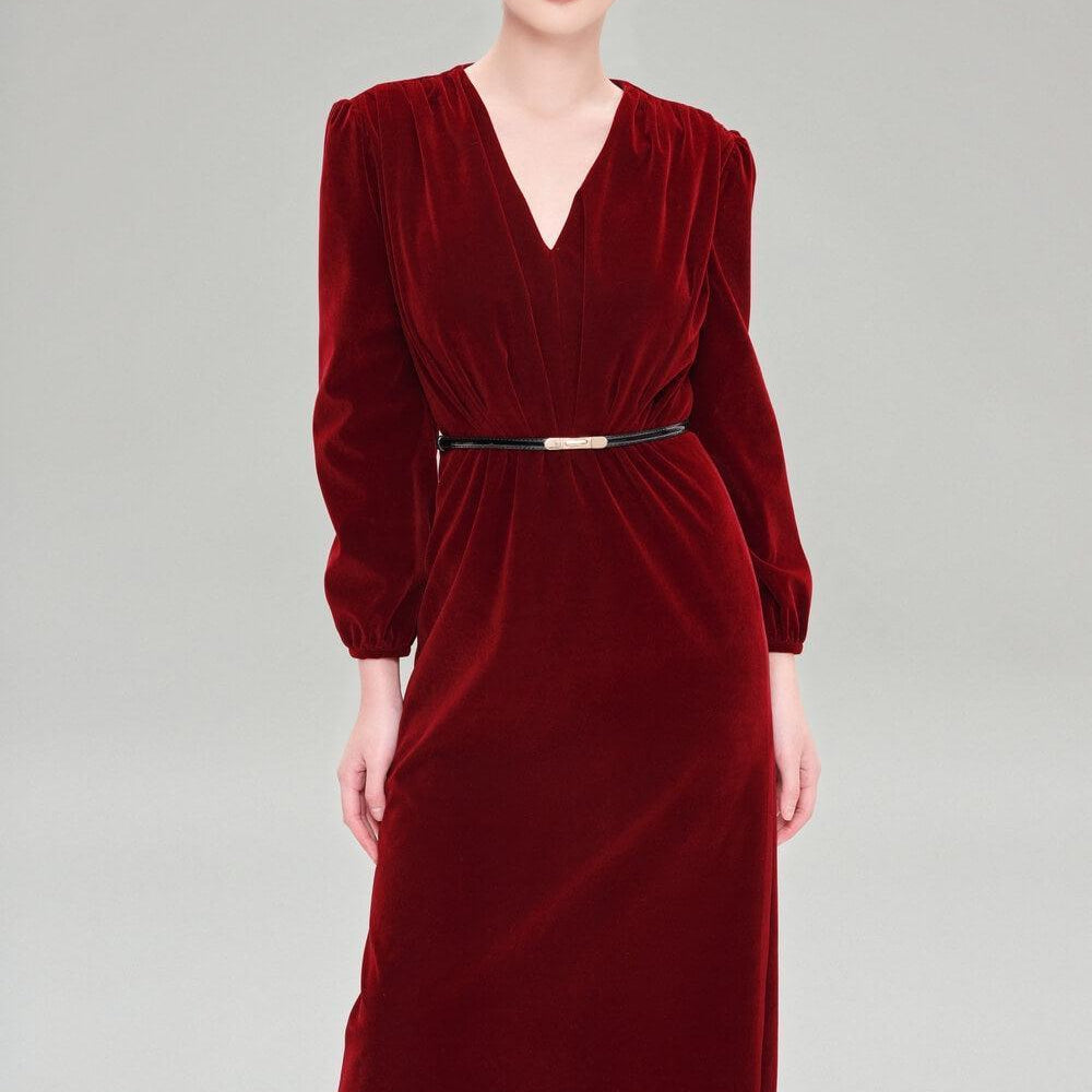 Teagan Straight V-Neck Velvet Midi Dress MEAN BLVD