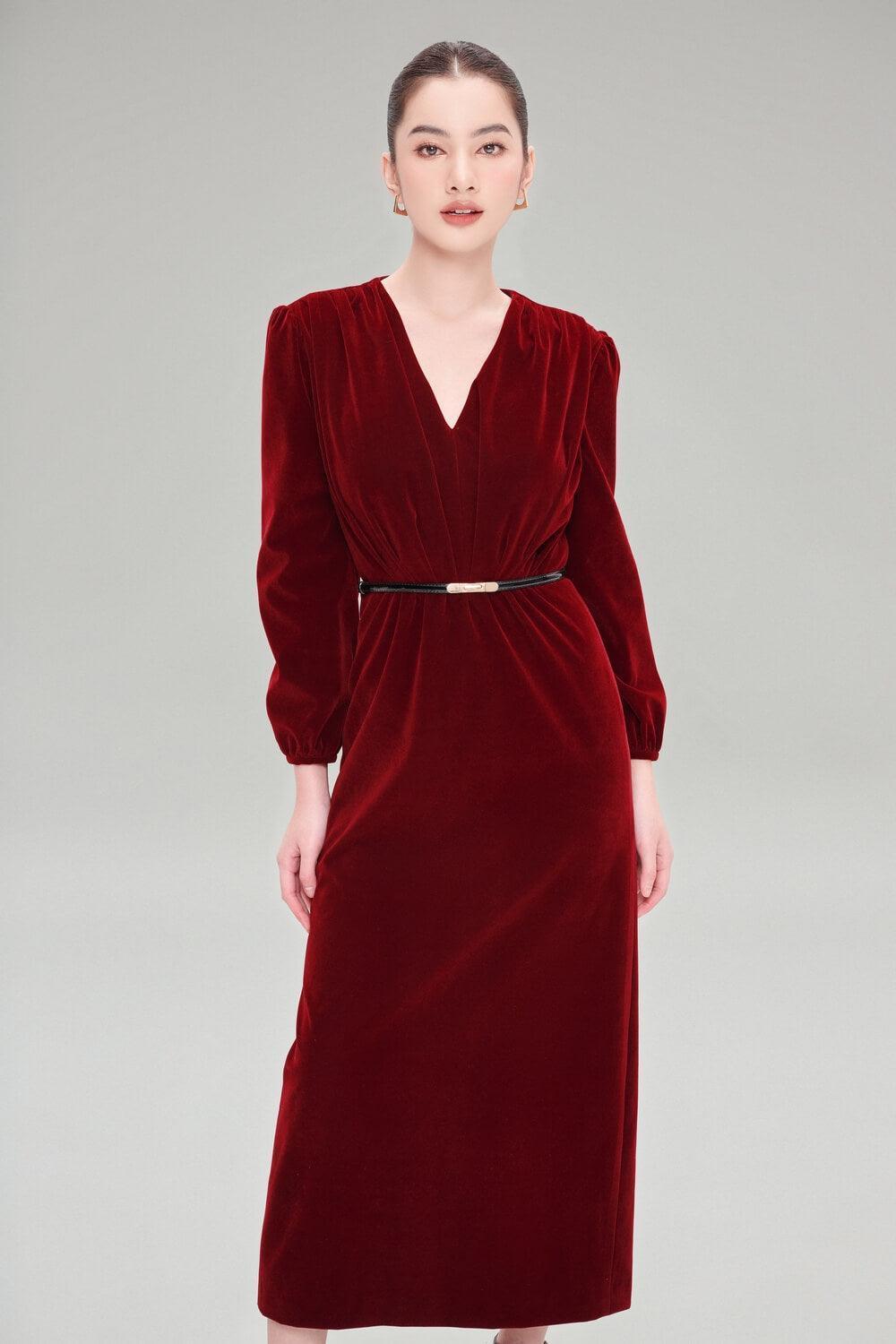 Women's Teagan Straight V-Neck Velvet Midi Dress Xs/S/M/L Velvet Mean Blvd M / Velvet