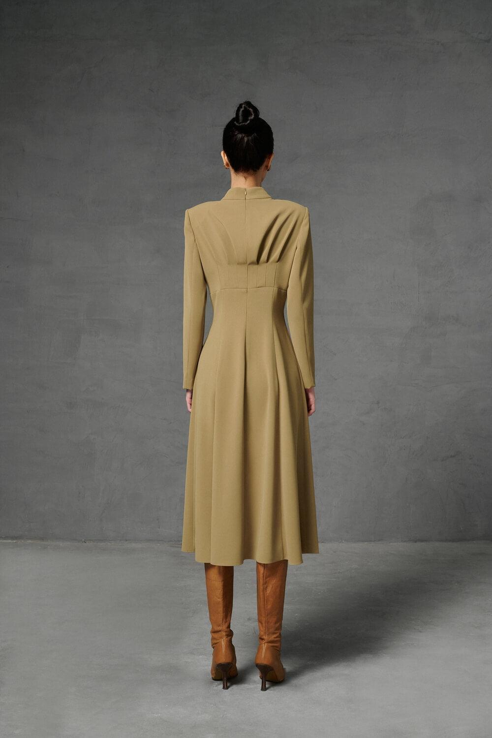 Women's Tullia A-line Turtle Neck Twill Midi Dress S/M/L Beige MEAN BLVD M / Beige Women's Tullia A-line Turtle Neck Twill Midi Dress S/M/L Beige MEAN BLVD M / Beige