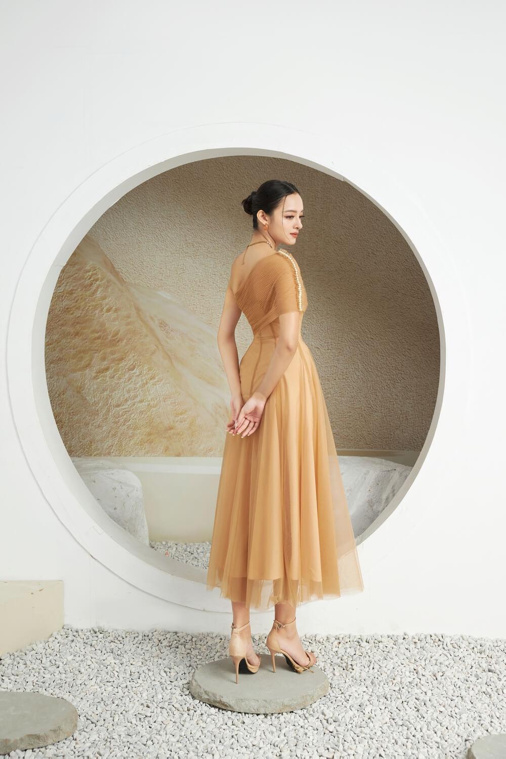 Women's Turkel A-line One Shoulder Mesh Sheer Midi Dress XS/S/M/L/XL Beige/Pink/Brown MEAN BLVD S / Brown Women's Turkel A-line One Shoulder Mesh Sheer Midi Dress XS/S/M/L/XL Beige/Pink/Brown MEAN BLVD S / Brown