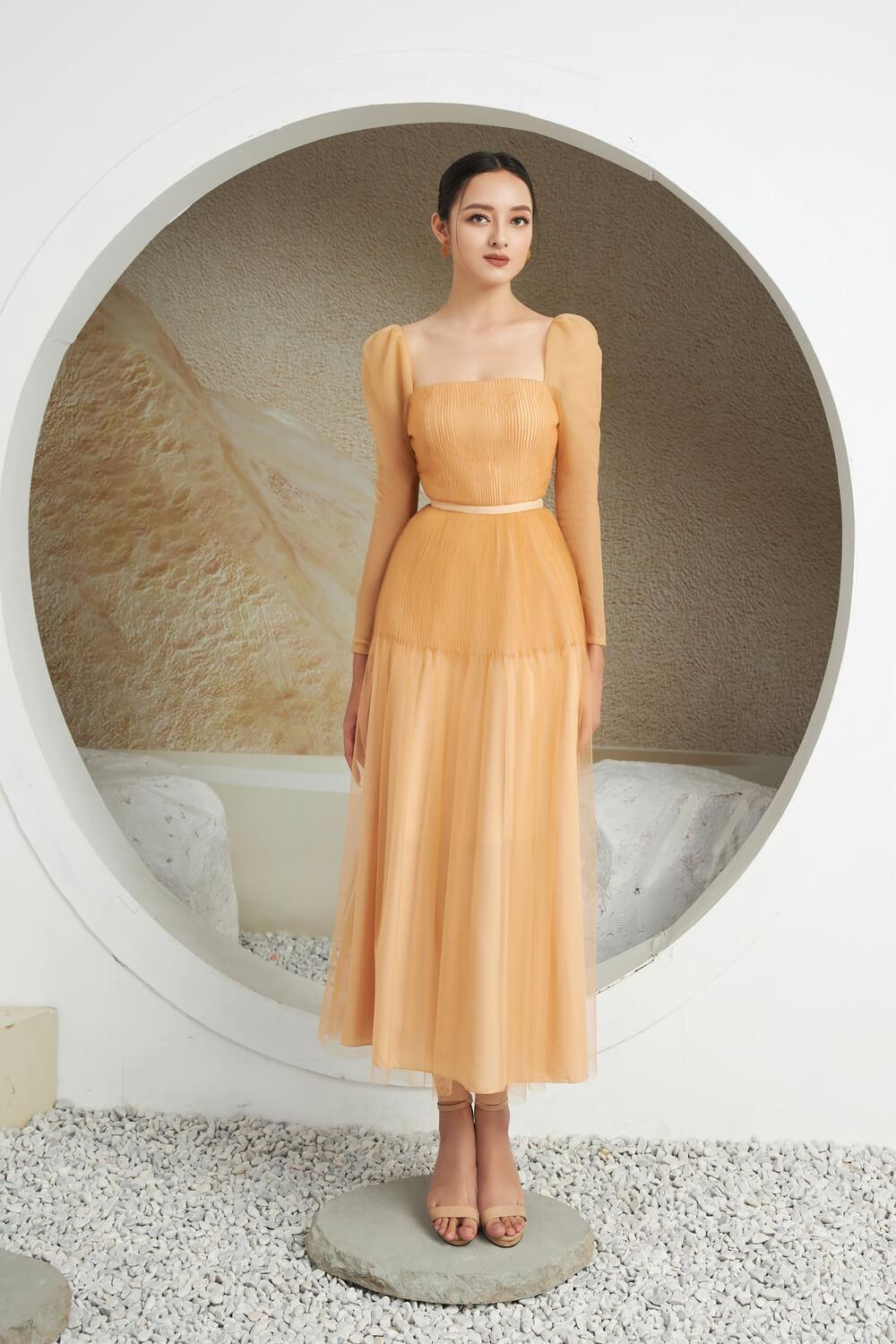 Tyler A-line Square Neck Mesh Sheer Midi Dress - MEAN BLVD