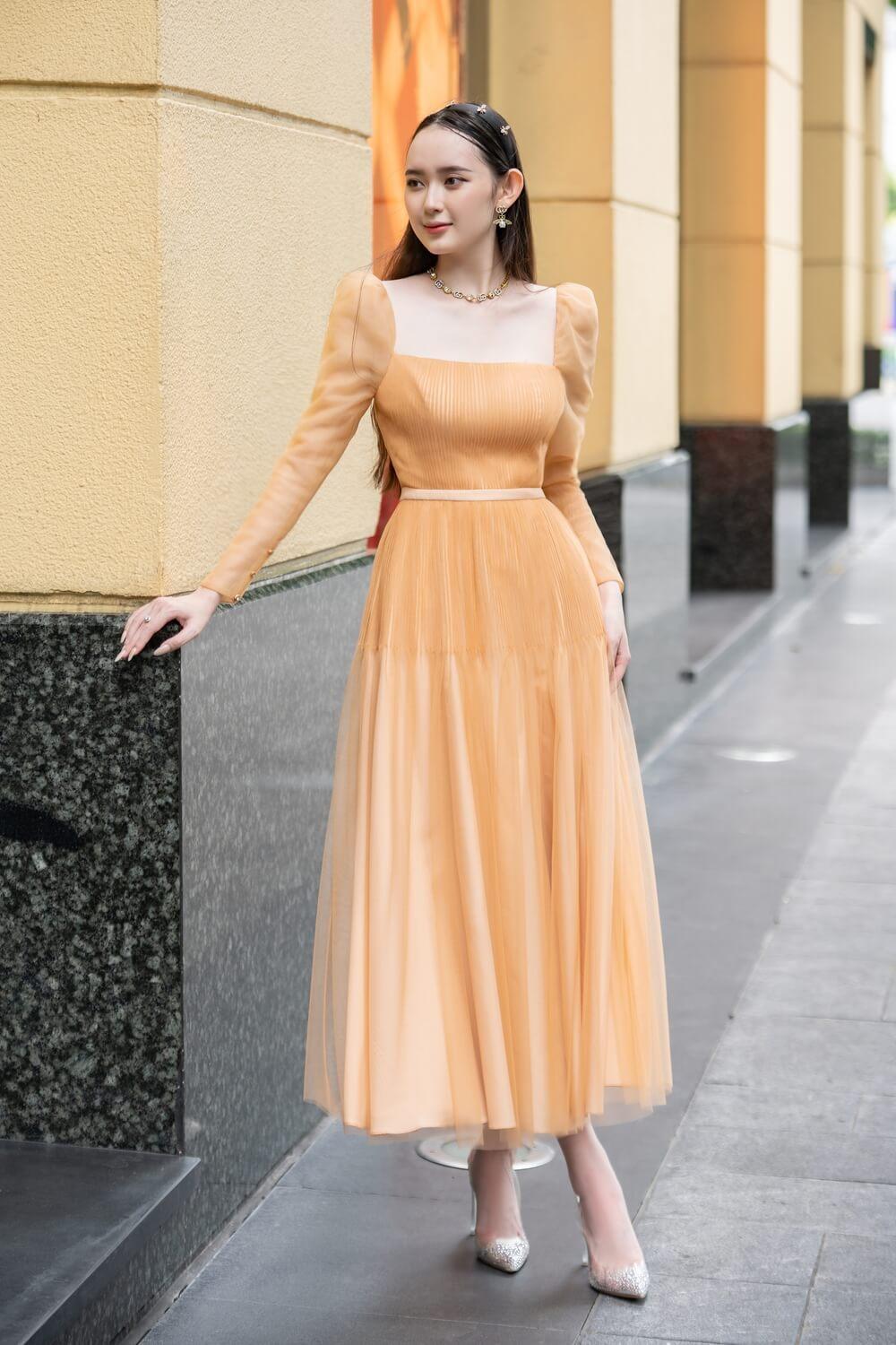 sheer collar dress Apache collar gown with sheer organza layers