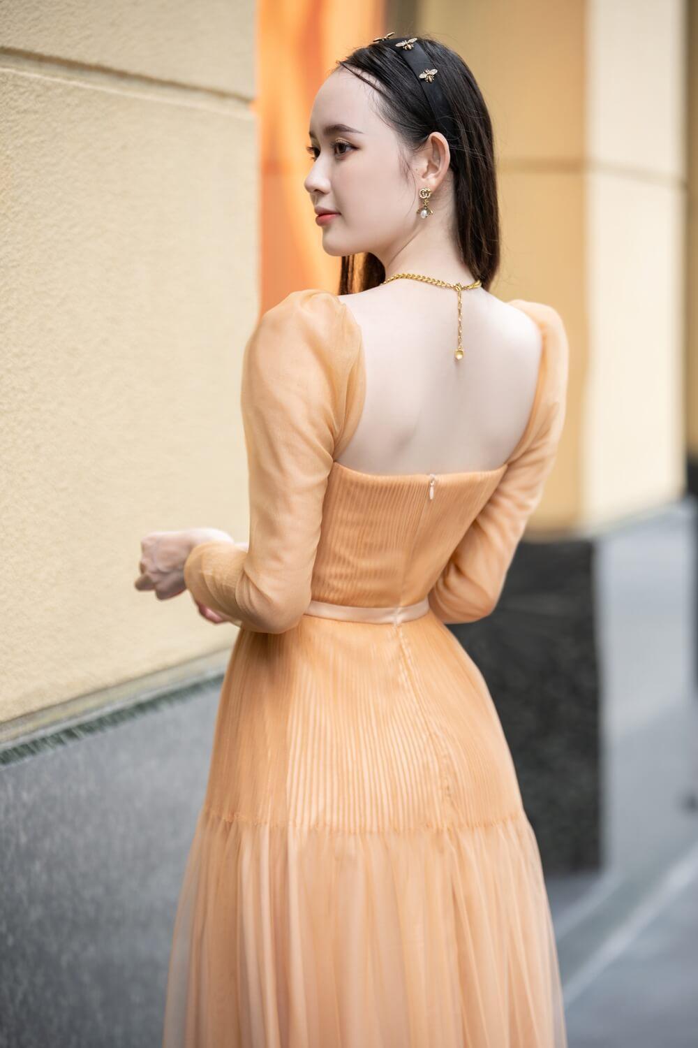 A-line Pearl Square Neck Long Sleeve Slit Dress Orange main image 1