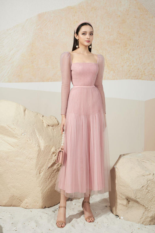 Tyler A-line Square Neck Mesh Sheer Midi Dress - MEAN BLVD