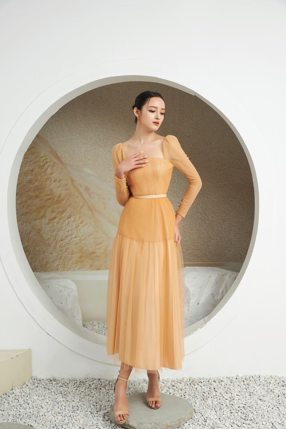 Tyler A-line Square Neck Mesh Sheer Midi Dress - MEAN BLVD