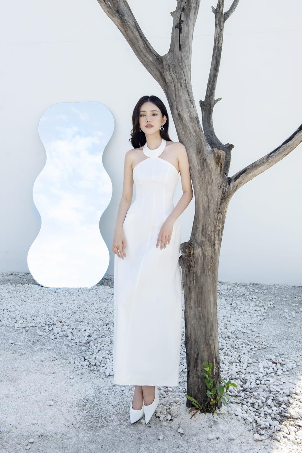 Women's Uri A-line Halter Neck Ribbed Scuba Midi Dress S/M/L White MEAN BLVD Customize / White Women's Uri A-line Halter Neck Ribbed Scuba Midi Dress S/M/L White MEAN BLVD Customize / White