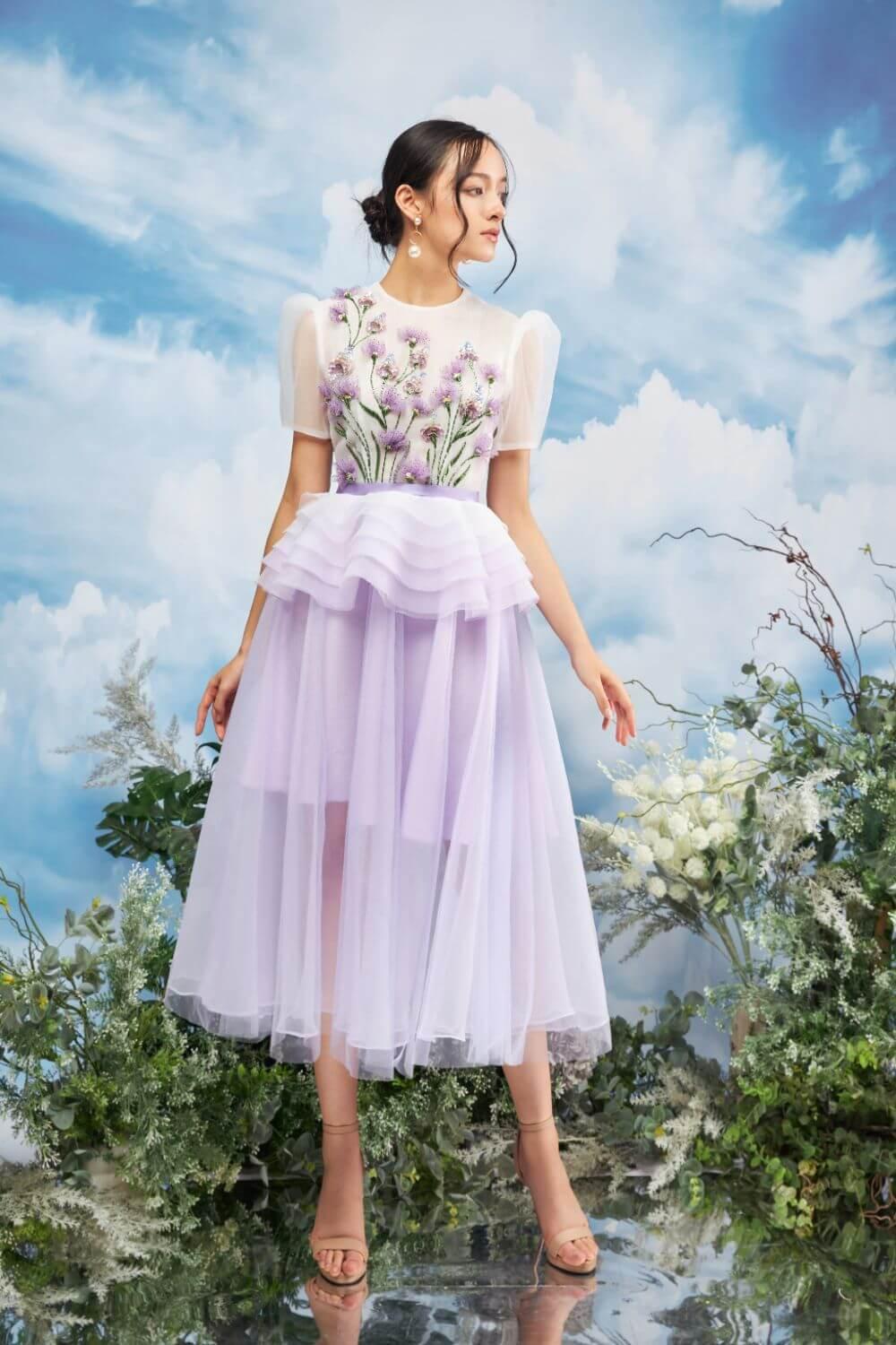 organza peplum dress Women's Velix Peplum Puffy Sleeved Organza Midi Dress XS/S/M/L/XL Purple MEAN BLVD, XS / Purple