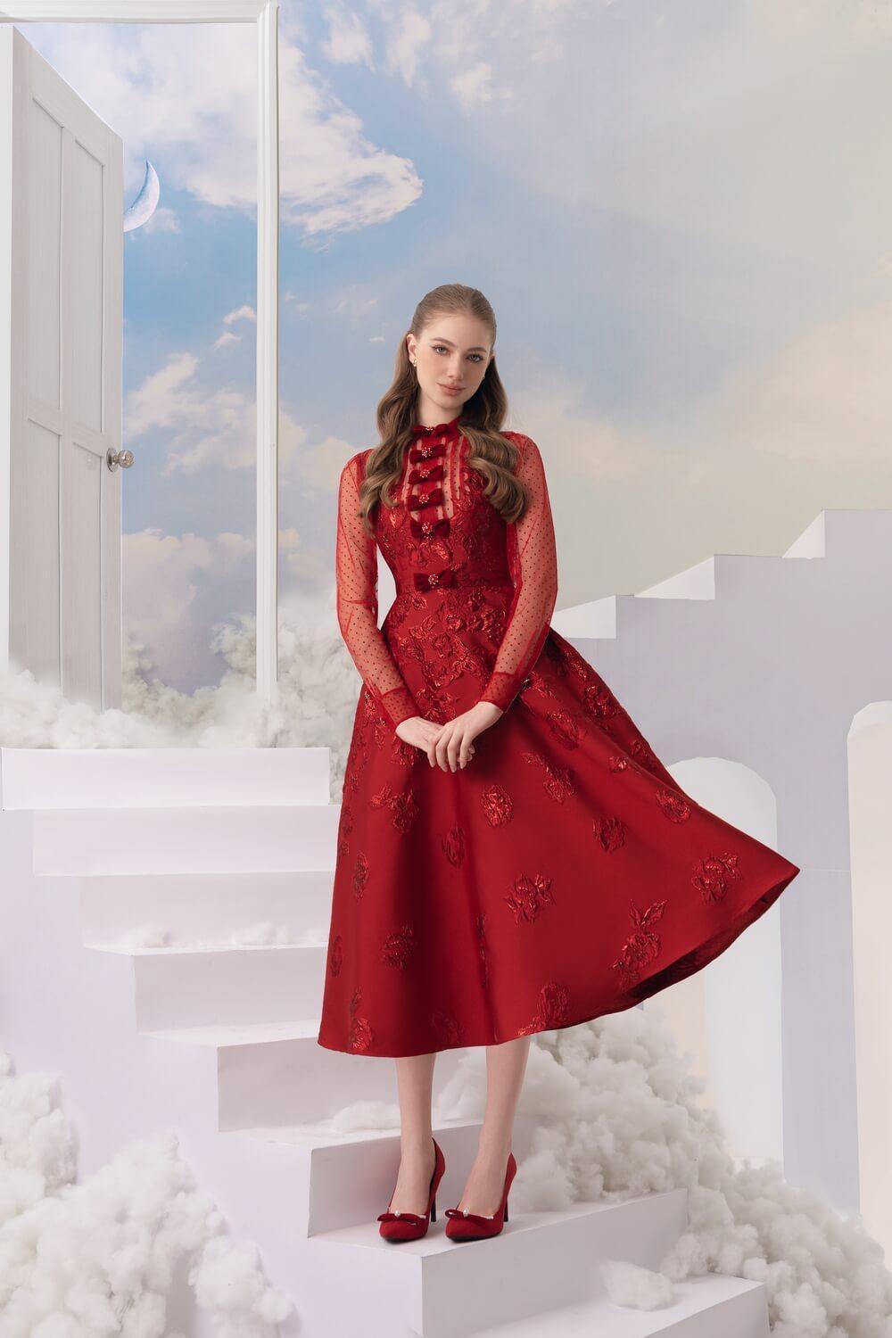 Women's Velveta A-line Long Sleeved Brocade Midi Dress S/M/L Red MEAN BLVD M / Red Women's Velveta A-line Long Sleeved Brocade Midi Dress S/M/L Red MEAN BLVD M / Red