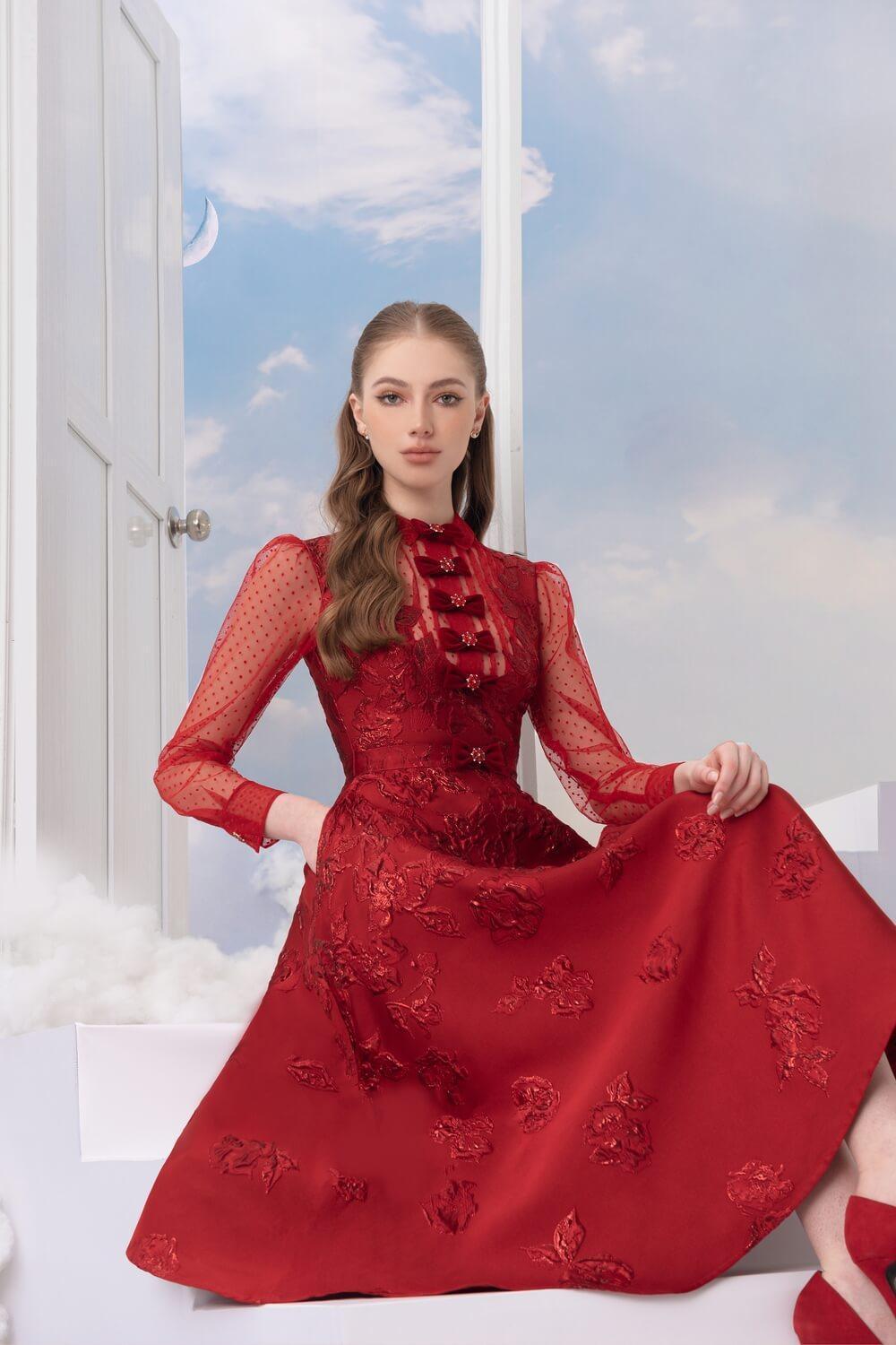 Velveta A-line Long Sleeved Brocade Midi Dress MEAN BLVD