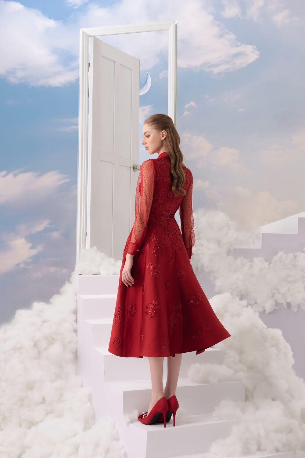 Velveta A-line Long Sleeved Brocade Midi Dress MEAN BLVD