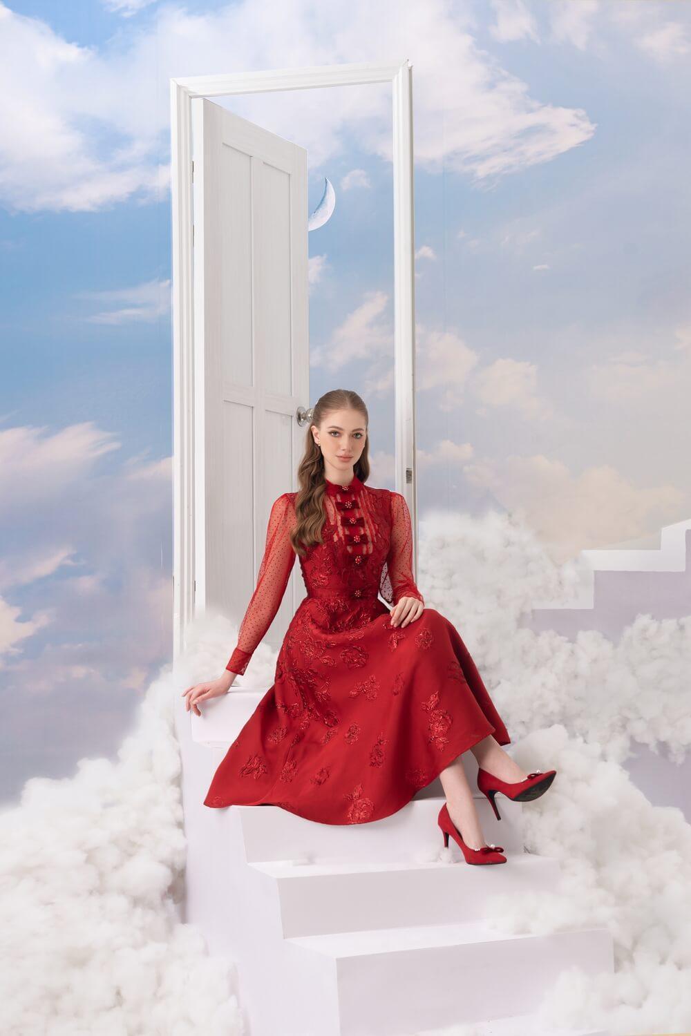 Velveta A-line Long Sleeved Brocade Midi Dress MEAN BLVD