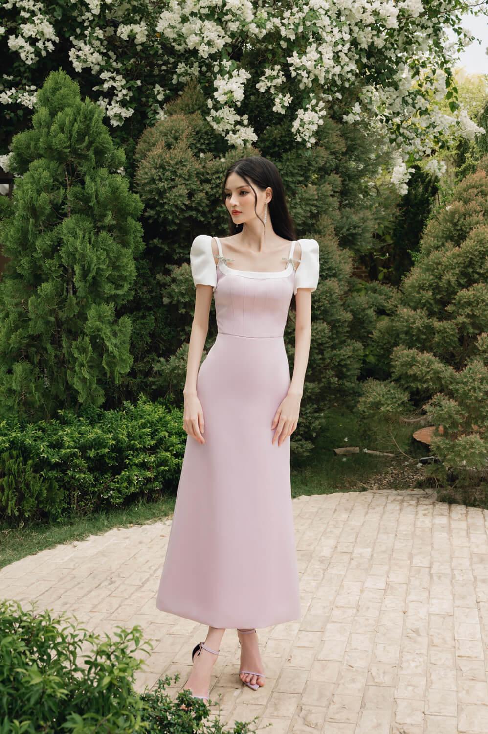 Violet Mermaid Open Shoulder Taffeta Midi Dress MEAN BLVD
