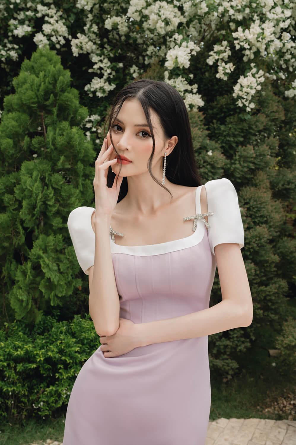 Violet Mermaid Open Shoulder Taffeta Midi Dress MEAN BLVD