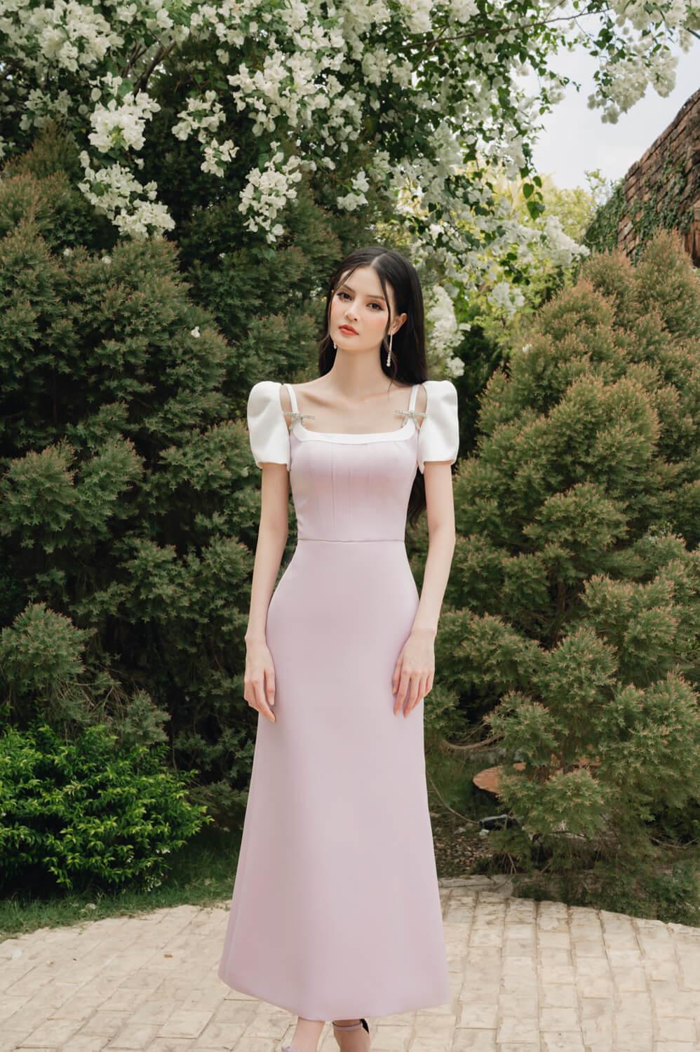 Violet Mermaid Open Shoulder Taffeta Midi Dress MEAN BLVD