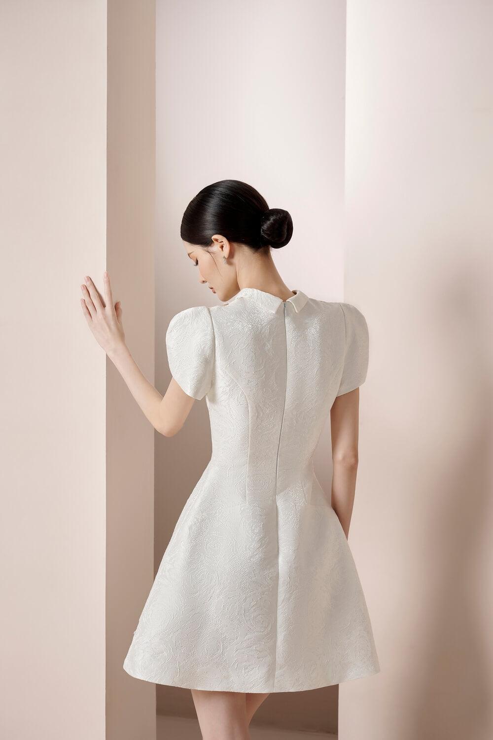 Whitney Puffy Short Sleeved Brocade Mini Dress