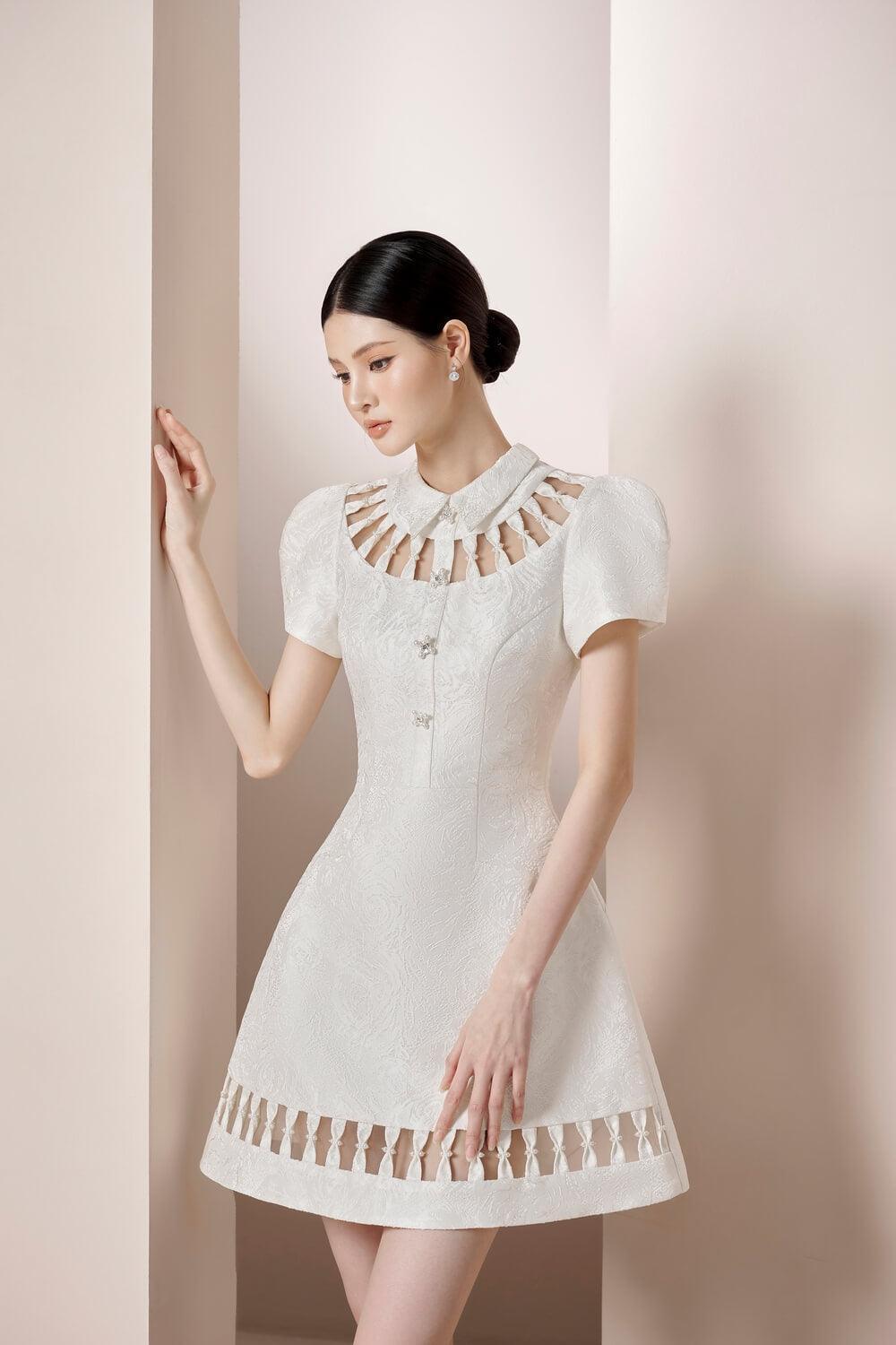 Women's Whitney Puffy Short Sleeved Brocade Mini Dress S/M/L White MEAN BLVD S / White