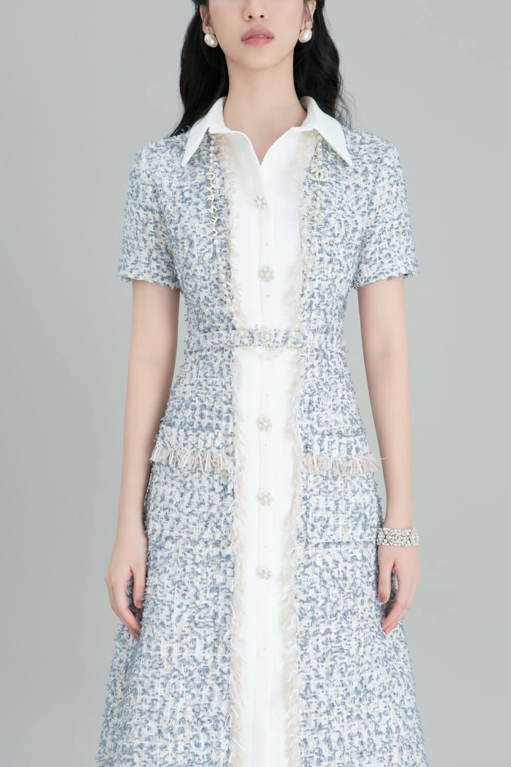 Women's Yuki A-line Short Sleeved Tweed Midi Dress S/M/L Blue MEAN BLVD Women's Yuki A-line Short Sleeved Tweed Midi Dress S/M/L Blue MEAN BLVD