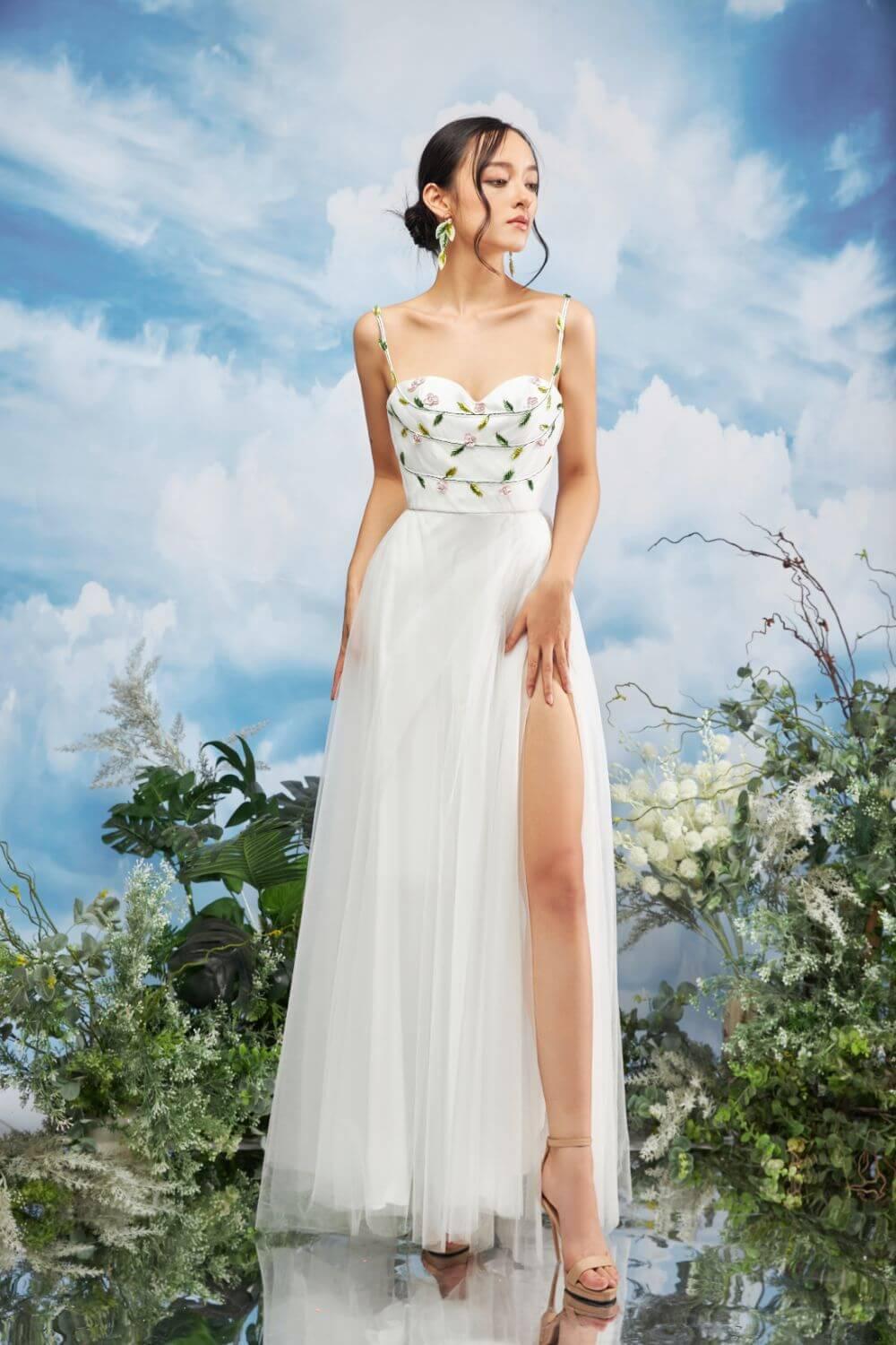 mesh sheer maxi dress Women's Zone Slit Semi-Heart Neck Mesh Sheer Maxi Dress XS/S/M/L/XL White MEAN BLVD Customize / White